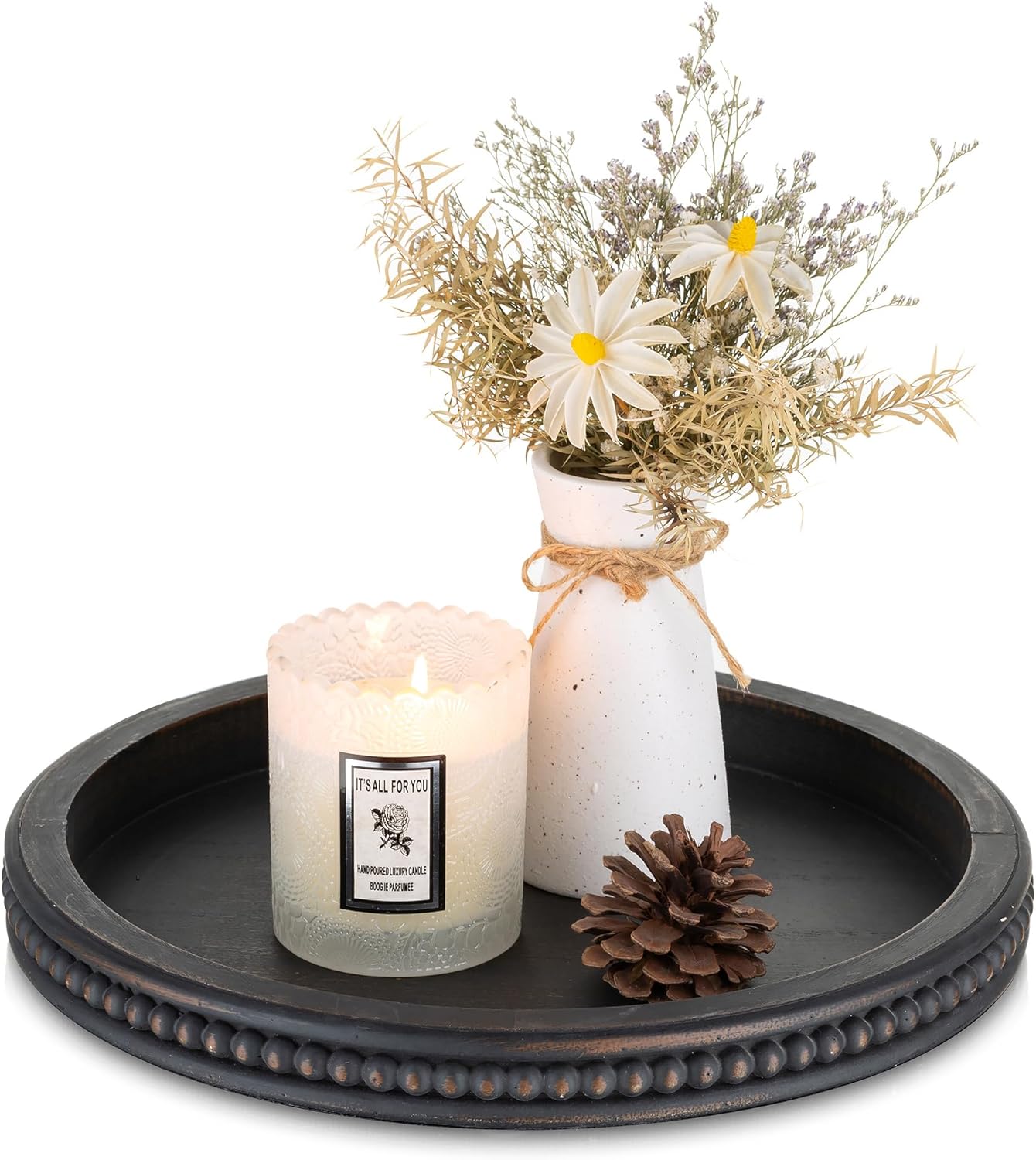 Round Wooden Decorative Tray: White Washed Bead Tray Decor for Coffee Table Centerpiece Rustic Farmhouse Tray for Kitchen Counter Living Room Decoration