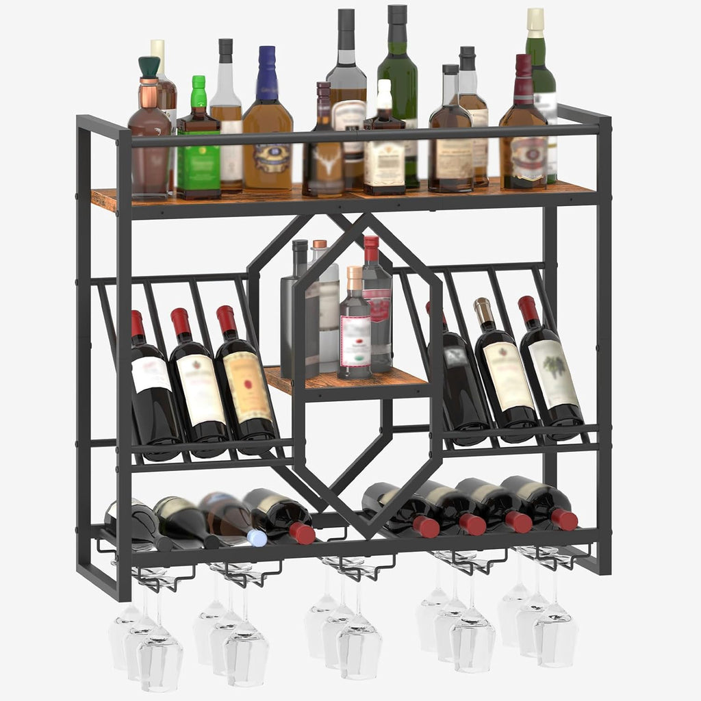HOOBRO Wall Mounted Wine Rack with LED Light, 31.5" Wine Shelf, 3 Tier Wine Bottle Display Shelf with Glass Holder, Hanging Bar Liquor Storage Rack, for Kitchen, Bar, Rustic Brown and Black BF73DBJ01