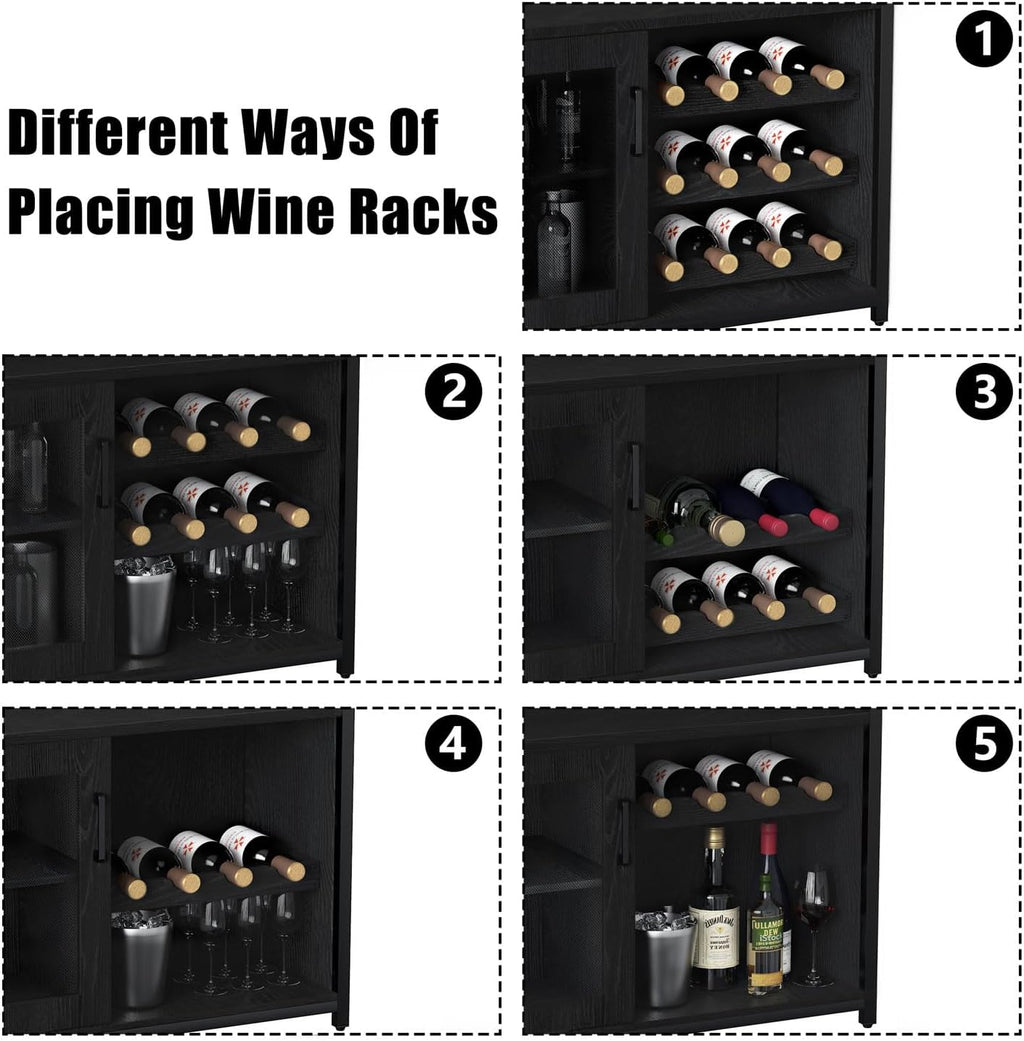 GAOMON Coffee Wine Bar Cabinet with Storage and Detachable Rack, Farmhouse Sideboard and Buffet Cabinet with Glass Holder and Mesh Door, Liquor Coffee Bar Cupboard, Black