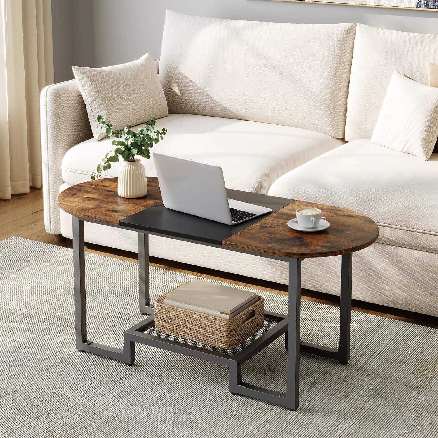 HOOBRO Coffee Table, Oval Small Coffee Table with 2-Tier Storage Shelf, Narrow Modern Center Table for Small Spaces, Living Room, Bedroom, Office, Rustic Brown and Black BFK12KF01