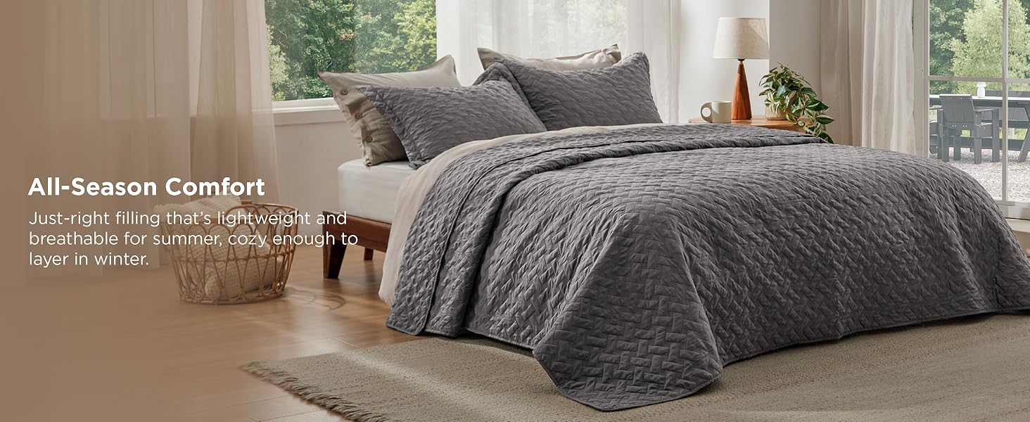 Quilts Queen Size - Grey Bedspreads Queen Size with Basket Weave Pattern, Soft Quilt Bedding Set, Lightweight Comforter Set Coverlet for All Seasons with 2 Pillow Shams (90" x 96") | Skin-Friendly Soft, All-Season Comfort, Breathable