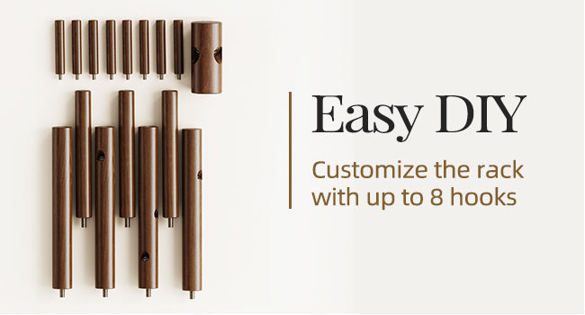 Sturdy Wooden Coat Tree with 8 Hooks, 3 Adjustable Sizes for Clothes, Hat Stand Used in Bedroom/Office/Entryway, Brown