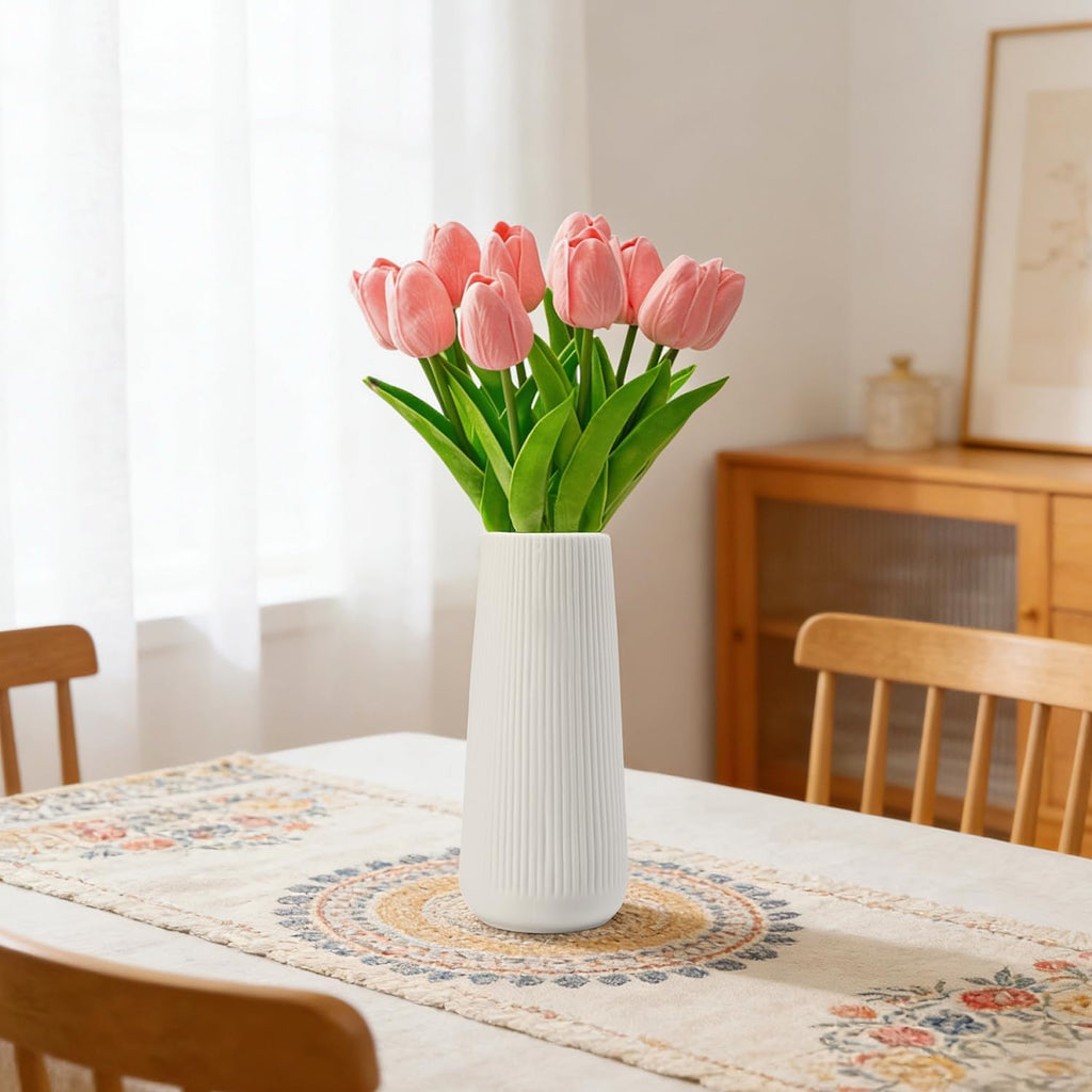 Ceramic Vase for Flower, Matte Black Ribbed Ceramic Vase for Home Decor, Nordic Minimalist Vase for Pampas Grass, Flowers Vases for Kitchen, Living Room, Bedroom, Office, Shelf Table (White)