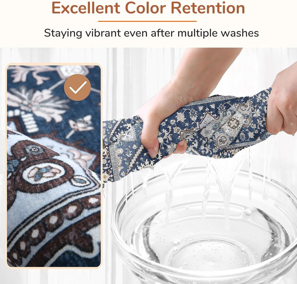 Soft Area Rugs 5x7, 5x7 Washable Rug with Non Slip Backing, 5 x 7 Faux Cashmere Low-Pile Carpet, Navy Blue & Gold
